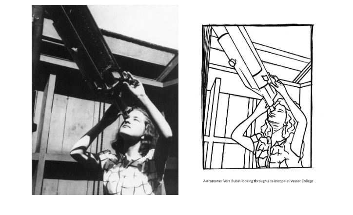 Early photo of astronomer Vera Rubin looking through a telescope