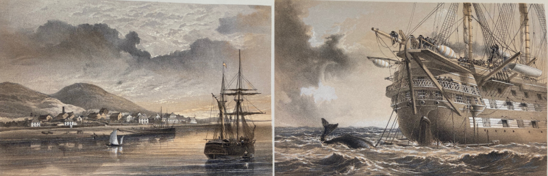 Valentia in 1857-1858 at the time of the laying of the former cable (left)  HMS Agamemnon laying the atlantic telegraph cable in 1858. A whale crosses the line (right)