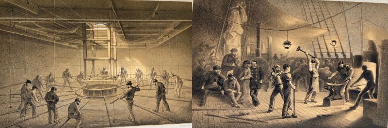   Interior of one of the tanks on board the Great Eastern. Cable passing out. (left)  The forge on deck (right)