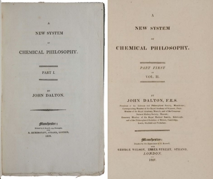 Title pages of volumes I and II of A New System of Chemical Philosophy by John Dalton.