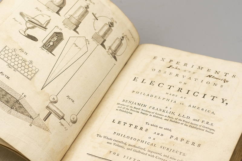 Experiments and Observations on Electricity by Benjamin Franklin, from the Wenner Collection  Photo Credit: Aaron Auyeung
