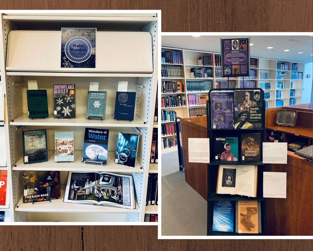 Left image depicts Caitlin’s first book display - “Water Wonders.” Right image depicts the Black History Month book display - “African Americans Who Helped Shape Science.”