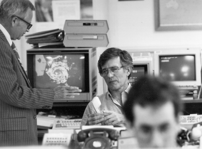 José Fernández Partagás (left) and Bob Burpee at the Oceanic and Atmospheric Research Labs, as Hurricane Andrew approached landfall, 1992.