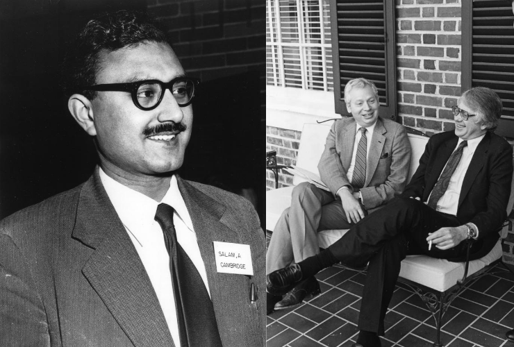Left, Abdus Salam, and right, Steven Weinberg and Sheldon Glashow, the 1979 Nobel Laureates in Physics, who were recognized for their work on electroweak theory.