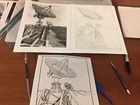 Three phases of creating coloring page (original, pencil drawing, and final).